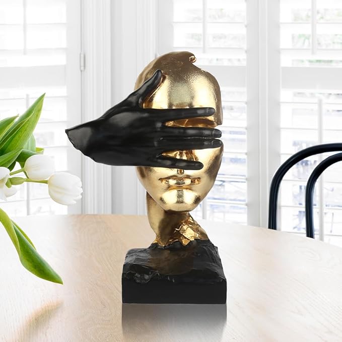12" Thinker Statue, Silence is Gold Abstract Art Figurine, Modern Creative Home Resin Sculptures Decorative Objects, See No Evil Home Decor for Office Bookshelf Desktop