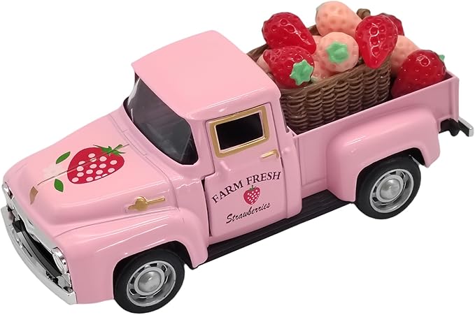 4.9″ Mini Vintage Strawberry Pink Metal Farm Truck Decor with Fake Strawberries, Home Kitchen Centerpieces for Tables Farmhouse Pickup Tiered Tray Stand Decorations, Spring & Christmas Desk Display