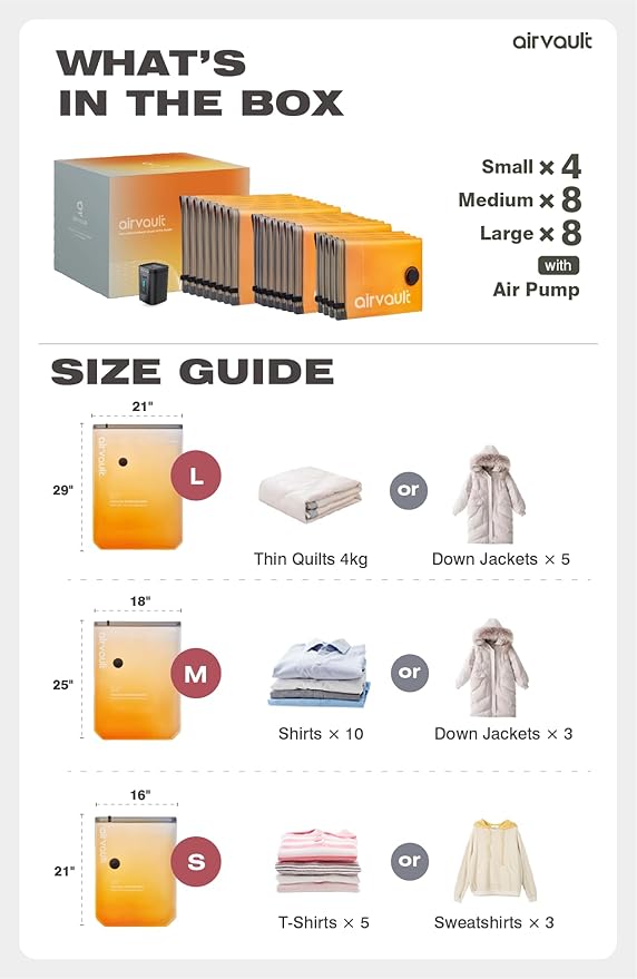 AirVault Vacuum Storage Bags for Travel & Home - Space Saver Compression Packing Bags Set for Clothes, Blankets & Seasonal Storage, Small (4), Medium (8), Large (8) (Orange,20-Pack Combo)