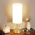 MOICO Bedside Table Lamp for Bedroom, 3-Way Dimmable Nightstand Lamp with USB C, USB A Ports & AC Outlet, Small Table Lamp Fabric Shade for Living Room Dorm Office, LED Bulb Included (14in Gold)