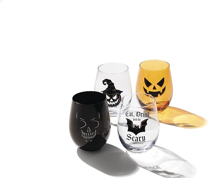 Oneida Barware, Vintro Halloween Stemless Wine Glasses, Set of 4, Dishwasher Safe, Made of Glass, Spooky Drinking Glasses Set, Halloween Decor Indoor, Skeletons and Bats as Design (4 Piece, 18 Oz)