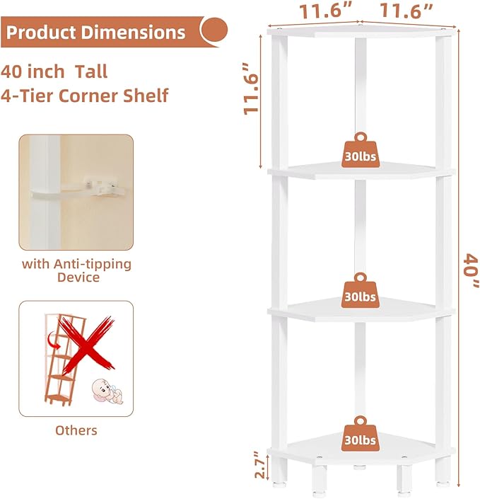 YUFAM 4-Tier Corner Shelf with Sturdy 5-Leg Base, Wooden Corner Bookshelf for Small Spaces, Corner Standing Shelf for Living Room, Bedroom, Office, White