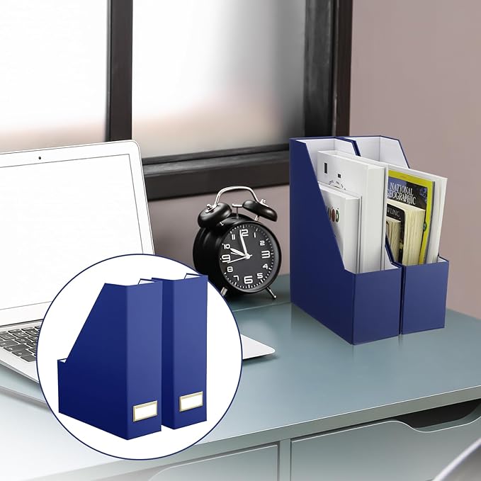 Feifeiya Magazine File Holder Set of 6 Stylish Sturdy Cardboard File Boxes Desk Organizer Beautiful Magazine Holder Rack with Gold Label Holder for Home Office Desktop Bookshelf Classroom (Navy Blue)