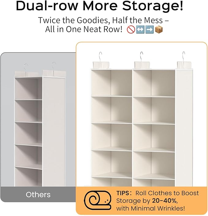 White 5-Tier Hanging Closet Storage Organizer - Space-Saving Dual-Row Foldable Shelves with 3 Hooks, Wardrobe Organizer for Dorm, Bedroom, Clothes and Accessories