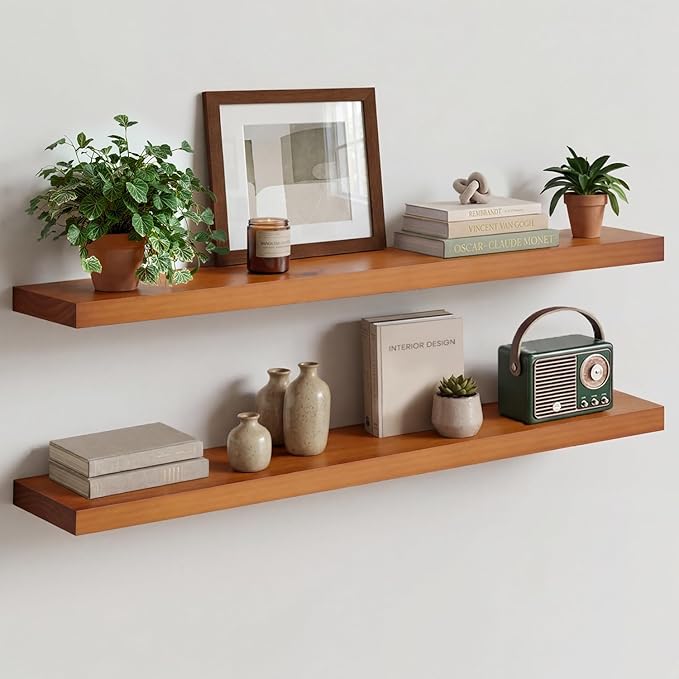 Homeforia Oak Floating Shelves 42 inch Long, High End Solid Real Wood 42inch Floating Shelf for Wall Mounted, Honey Oak Wooden 42in Floating Shelves, Heavy Duty Bracket, 42 X 6.5 X 1.75 in, Set of 2