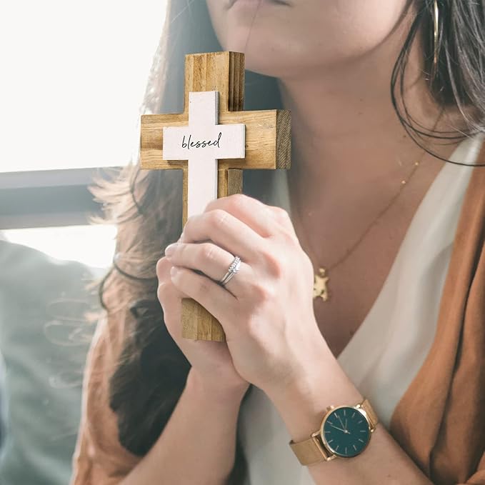 OKSQW Wall Wooden Cross Christians Crosses Spiritual Religious Cross With Hook Christmas Wall Hanging Handmade Nature Wood Color with Blessed Design for Church Home Room Decor Wood Crucifix Gift