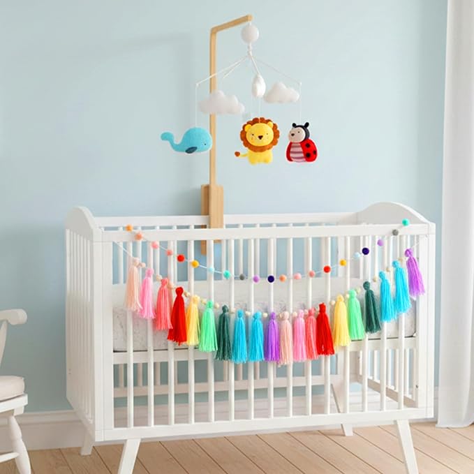 2 Pcs Boho Tassel Garland, 6.5 Feet Pom Pom Garland Rainbow Felt Ball Garlands Colorful Pastel Tassel Wall Hanging Banner with Wood Beads for Classroom Wedding Baby Shower Birthday Party Home Decor