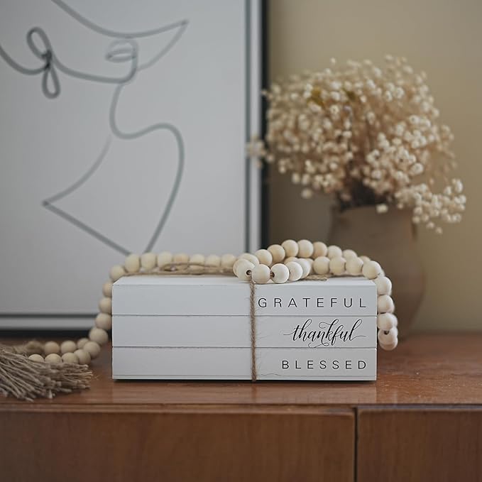 Decorative Books for Home Decor, Wooden Faux Book for Decoration, Farmhouse Stacked Display Books (GRATEFUL thankful BLESSED)