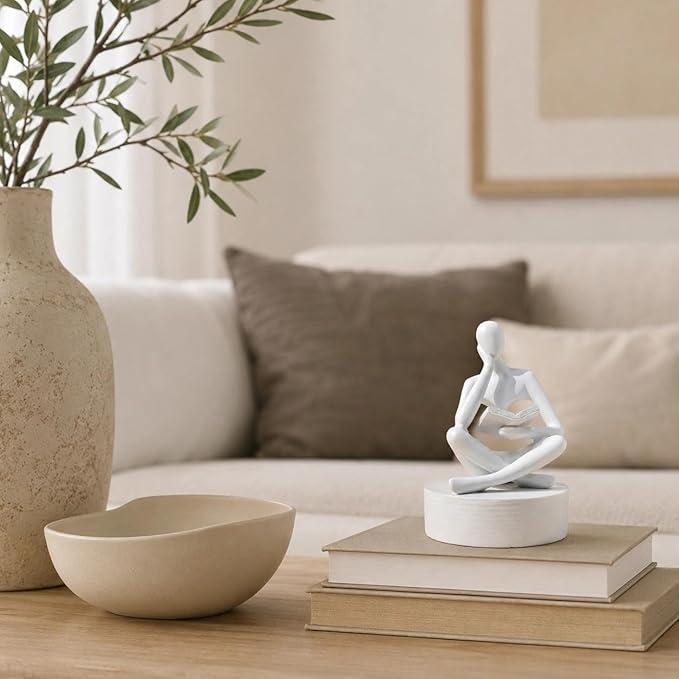 White Bookshelf Decor Thinker Statue, Abstract Reading Figurine Style A, Resin Decorative Bookend for Coffee Table, Shelf, Home Office, Library