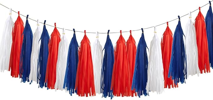 15Pcs Red Blue and White Paper Tassel Garland,Tissue Tassel Banner for Independence Day,July 4th Party,Memorial Day,Veterans Day,Party Decoration