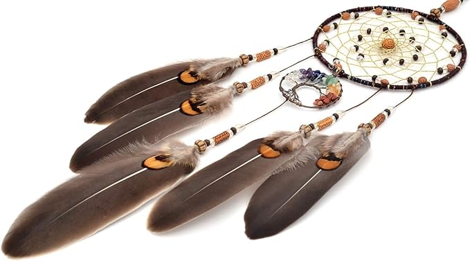MOONFLY Dream Catcher Handmade Traditional Feather Dreamcatcher Hanging Home Wall Decoration Craft Ornament for Home, Bedroom, Kids, Boys Native American Style Décor (Brown Life Tree)