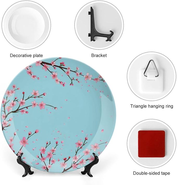 Japanese Spring Theme Decorative Ceramic Plate Round Porcelain Plate,Sakura Tree Branches Pattern,for Decorative Ornaments Giving Plates, 1 Plate with 1 Display Stand,Blue Pink,6 inch