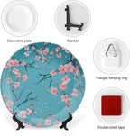Japanese Spring Theme Decorative Ceramic Plate Round Porcelain Plate,Sakura Tree Branches Pattern,for Decorative Ornaments Giving Plates, 1 Plate with 1 Display Stand,Blue Pink,10 inch
