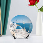 Santorini Greek Island Ceramic Display Plate Decorative Round Hanging Bone China Plate with Display Stand for Kitchen Dining Room Wine Cabinet Home Décor Art Decoration 7inch