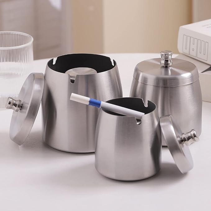 Small Ashtray with Lid for Cigarette, Stainless Steel Smokeless Odorless Windproof Ashtrays for Home Office Tabletop Outside Patio Outdoor Balcony(2.99"x2.68"x2.95")