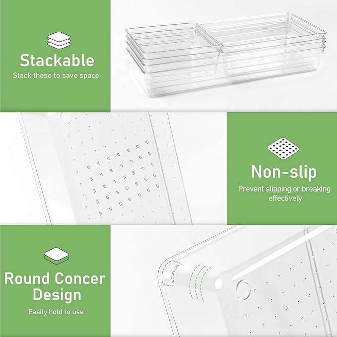4PCS Clear Plastic Drawer Organizer Tray, 12'' Large Acrylic Vanity Bathroom Drawer Organizers Trays, Desk Drawer Organizer Bins for Cosmetics, Makeup, Kitchen, Office, Junk Drawer Organization