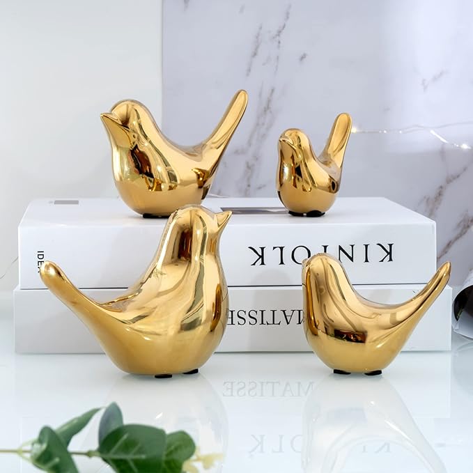 Notakia Small Birds Statues Home Decor Modern Style Decorative Ornaments for Living Room, Bedroom, Office Desktop, Cabinets (4Pcs Gold Birds)