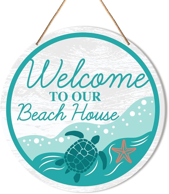 Beach House Welcome Sign Decor, Summer Beach Hanging Sign Decor Farmhouse Wall Decorations Wood Sign for Front Door, Patio, Porch, Housewarming Gift for Beach House Home, Welcome to Our Beach House