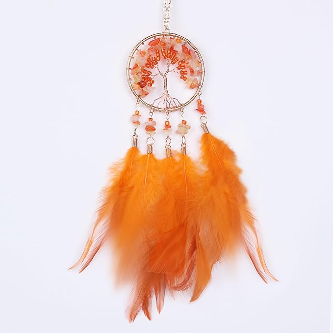 Pretty Jolly Small Tree of Life Crystal Stone Dream Catchers Orange Feathers Mini Dreamcatchers for Cars Rear View Mirror Hanging Decoration Good Luck Travel Charm Bedroom Ornaments for Women Girls