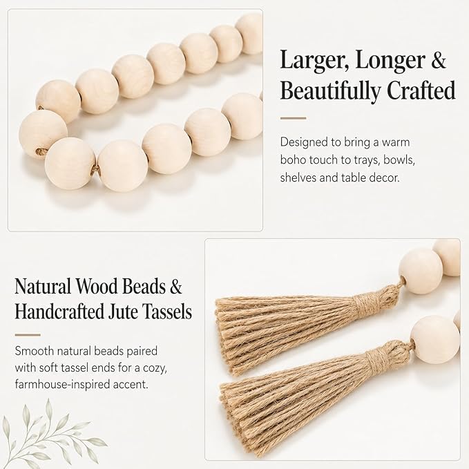 OMISHE Extra Large Wood Bead Garland with 1.6" Diameter Wooden Beads and Tassels, 41" Long Rustic Farmhouse Country Decorative Beads for Home Tiered Tray Decor, Natural Beige