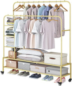 SUOERNUO Garment Rack for Hanging Clothes Rack Heavy Duty Portable with Bottom Metal Shelf Drying Coats Shirt,Black (Gold+Double Rods+Shelf)