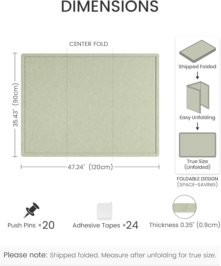 Fluxynara Large Bulletin Board, 47.2" x 35.4" Cork Board Alternative with 24 Safe Removable Adhesive Tabs, Foldable Felt Pin Board for Home Office, Classroom, Bedroom,Entryway for Walls—Sage