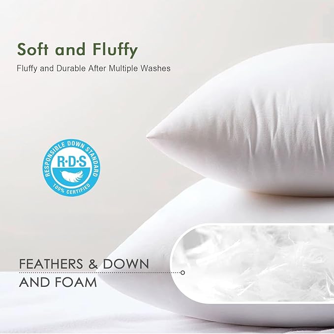 Feather Down Throw Pillow Inserts 20 x 20, Set of 2, 100% Organic Cotton Shell, Soft Decorative Square Pillows Insert for Living Room Sofa, Couch, or Bed (White)