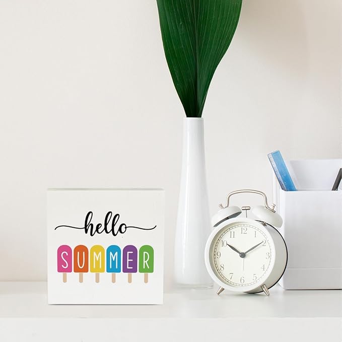 IYEZH Farmhouse Hello Summer Popsicles Wooden Box Sign Rustic Country Summer Box Sign Wood Sign Decor Summer Square Wood Sign Home Desk Tabletop Shelf Decor 5 x 5
