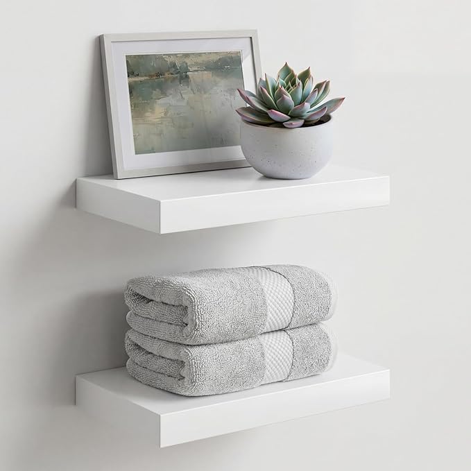 Homeforia White Floating Shelf 12 inch, High End Solid Real Wood Small 12inch Floating Shelves for Wall Mounted, White Wooden 12 in Floating Shelves, Heavy Duty Bracket, 12 X 6.5 X 1.75 inch, Set of 2