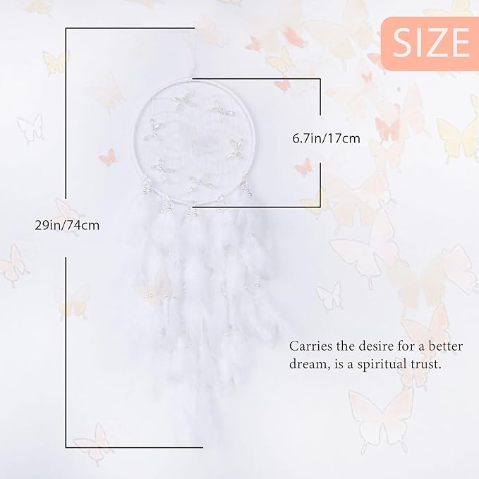 Pretty Jolly Dreamy Girls Butterfly Dream Catcher Wall Decor Fairy White Feather Baby Dreamcatcher Handmade Home Décor Wall Hanging for Nursery Bedroom Girls Birthday Gift