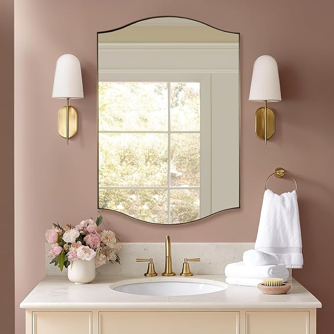 ANDY STAR 30"x40" Scalloped Wall Mirror, Brushed Gold Rectangle Bathroom Mirror with Curved Edge Stainless Steel Metal Frame, Large Wall-Mounted Mirror for Bathroom, Entryway (Horizontal/Vertical)