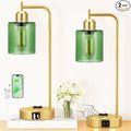 Innqoo Industrial Green Table Lamps for Bedrooms Set of 2-3-Way Dimmable Desk Lamp with USB C+A Ports and Outlet, Gold Lamps with Green Glass Shade for Living Room