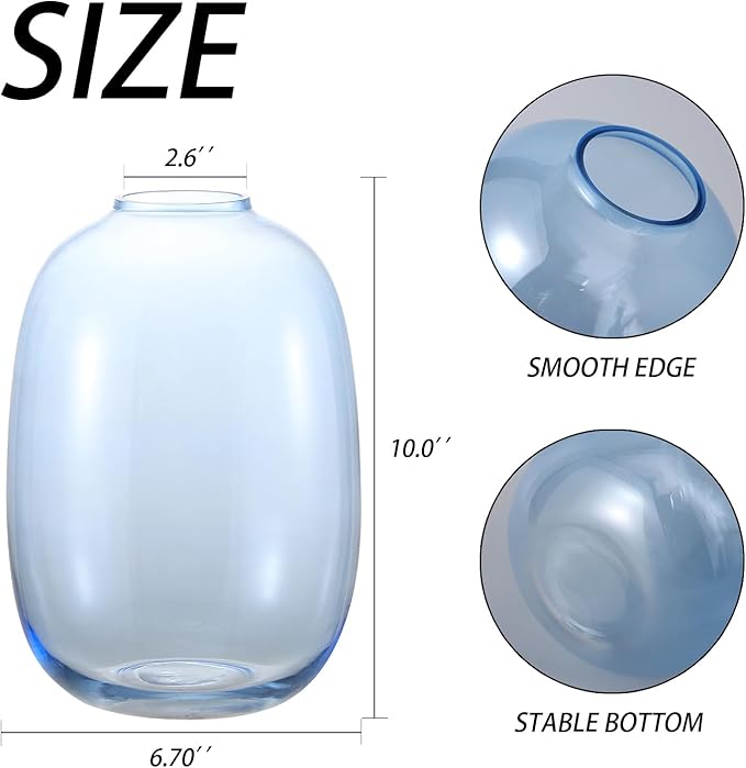 Blue Glass Vase, Large Glass Vase for Flowers, Tall Flower Vases, Modern Round Vases for Living Room, Bedroom, Kitchen, Mantle, Shelf, Wedding, Office, Entryway, 10 Inches