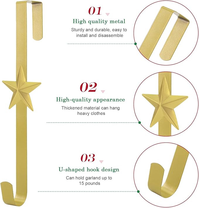 Wreath Hangers for Front Door,15" Sturdy Metal Wreath Doors Hangers,Over The Door Hooks for Front Porch Decor,Garland Hooks Holders for Halloween Christmas Decorations (Gold Star, 2 Pack)