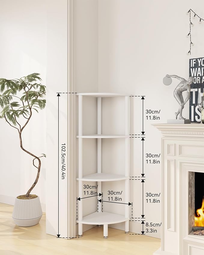 IBUYKE 4 Tier Corner Shelf Stand,Industrial Corner Display Rack,Corner Bookshelf for Living Room, Bedroom, Kitchen, Home Office, White WBC014W