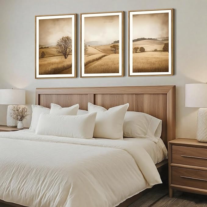 BINCUE Framed Countryside Wall Art Rustic Village Wall Decor Farmhouse Landscape Art Print Nature Countryside Artwork Rustic Landscape Wall Pictures for Living Room Bedroom Office Farmhouse 16x24 Inches Set of 3 Gift
