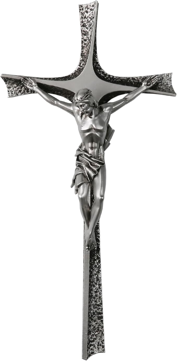 ShineOnAngel Crucifix Wall Cross, 12 Inch Silver Color Durable Resin Wall Crucifix Modern Home Decor, Hand Painted Antique Style Jesus Cross for Wall Religious Housewarming Gifts