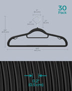 SONGMICS Pack of 30 Coat Hangers, Space-Saving Plastic Clothes Hangers, Non-Slip, 0.2 Inches Slim, 16.5 Inches Wide, 360° Swivel Silver Hook, Black UCRP20BK30