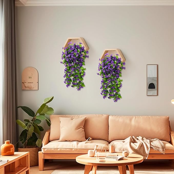 2PCS Artificial Hanging Flowers, Fake Hanging Plants Violet Vines UV Resistant for Wall Home Room Garden Wedding Indoor Outdoor Spring Summer Decoration(Purple)