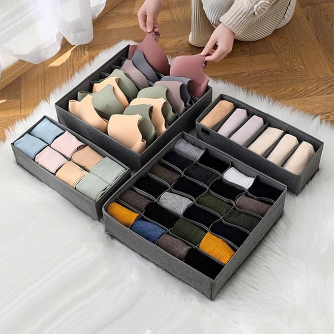 Underwear Organizer with Drawer Dividers, Foldable Fabric Dresser Closet Organizers Bins, Bedroom Cabinet Organization and Storage Box for Baby Clothes, Undies, Ties，Sock-Dark Grey (24cell)