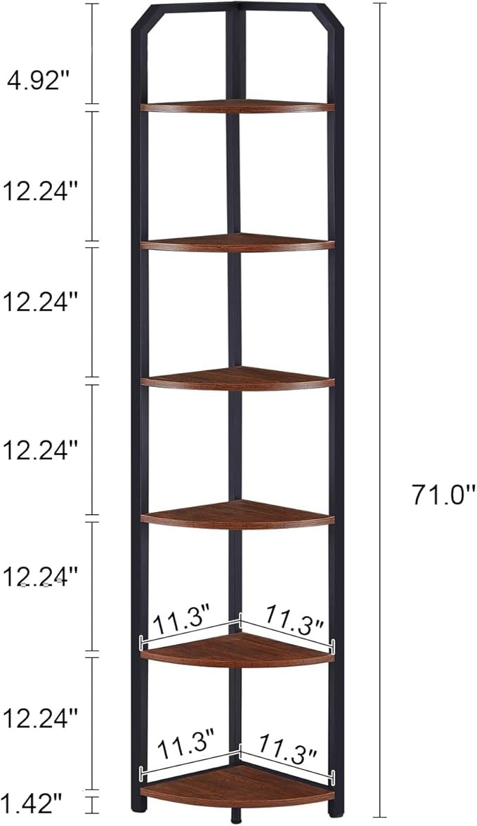MNEETRUNG 71" Corner Shelf,6 Tier Industrial Corner Bookshelf, Freestanding Shelf Stand for Small Space,Home Office,Living Room,Bedroom,Brown