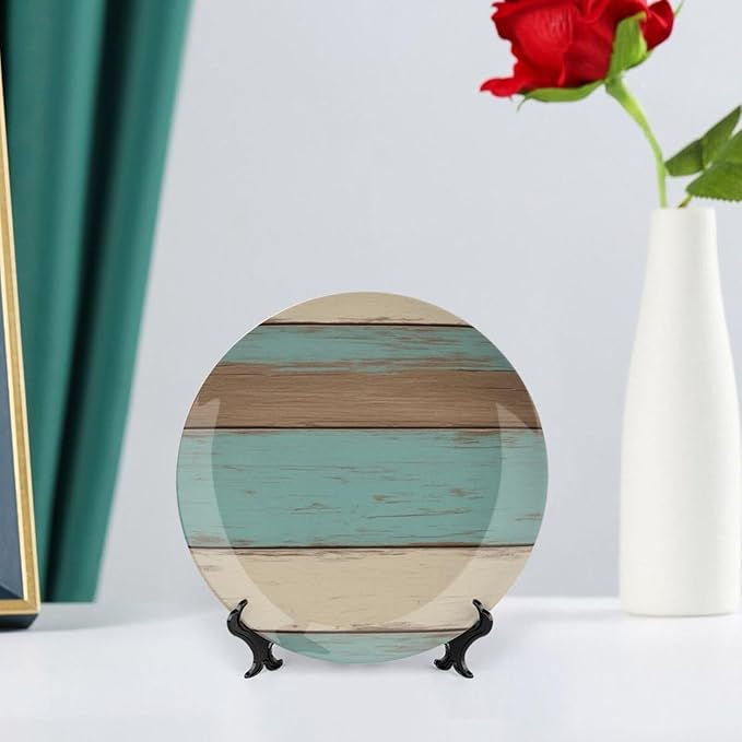Wood Grain Theme Decorative Ceramic Plate Round Porcelain Plate,8 inch,Vintage Pattern,for Decorative Ornaments Giving Plates,1 Plate with 1 Display Stand,Blue White