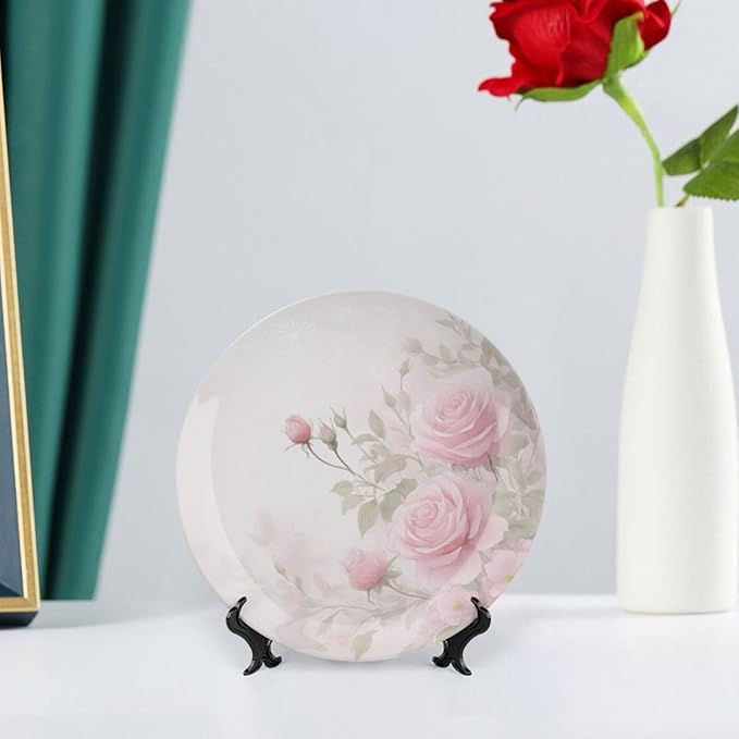 Rose Theme Decorative Ceramic Plate Round Porcelain Plate,7 inch,Floral Watercolor Pattern,for Decorative Ornaments Giving Plates,1 Plate with 1 Display Stand,Green Pink