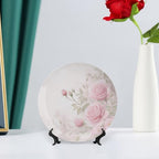 Rose Theme Decorative Ceramic Plate Round Porcelain Plate,6 inch,Floral Watercolor Pattern,for Decorative Ornaments Giving Plates,1 Plate with 1 Display Stand,Green Pink