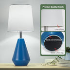 Small Bedside Table Lamp for Bedroom - Reading Desk Lamp with 3 Color Temperatures，15.5" Nightstand Ceramic Lamp with Fabric Shade for Kids Room,Living Room,Dorm,Home Office (Blue+White)