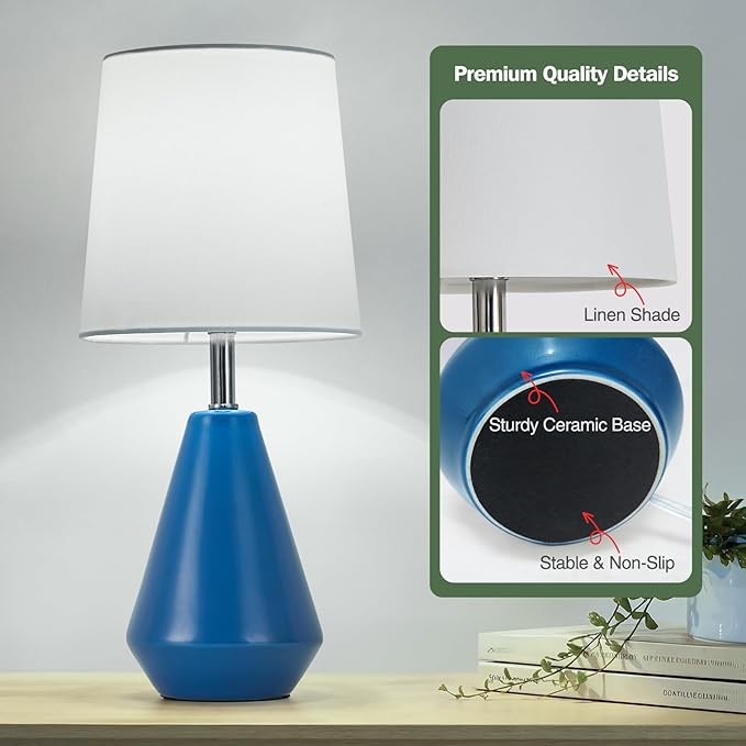 Small Bedside Table Lamp for Bedroom-Reading Desk Lamp Set of 2,with 3 Color Temperatures,15.5" Nightstand Ceramic Lamp with Fabric Shade for Kids Room,Living Room,Dorm,Home Office(Blue+White)