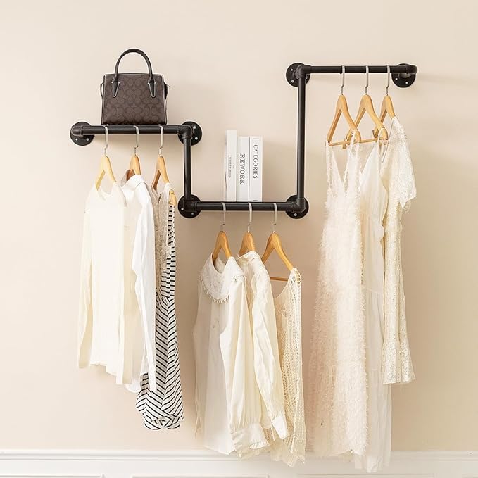 Industrial Pipe Clothing Rack with 2 Floating Shelves, 3 Hanging Rods Wall Mounted Garment Rack, Heavy Duty Iron Clothes Bar, Space-Saving Clothing Hanging Rails for Closet (3 hanging rods 2 shelves)