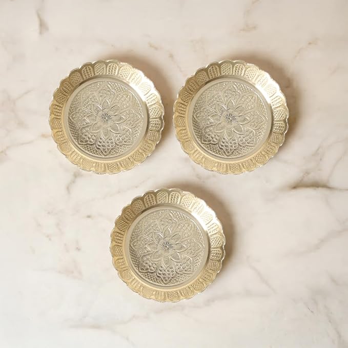 Shubhkart Solid Brass Decorative Nakshi Plate Set for Puja, Decoration & Diwali Gifting (Medium 9.5 cm, Pack of 3, Solid Brass)