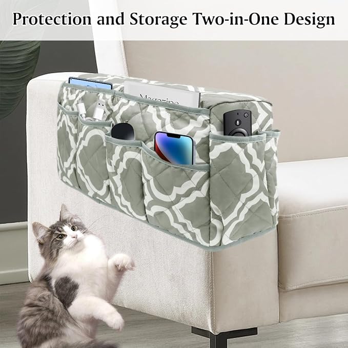 Remote Control Holder, Non Slip Bedside Armchair Caddy, Recliner Arm Caddy Armrest Organizer with 14 Pockets for Cell Phone TV Remote Control Magazines