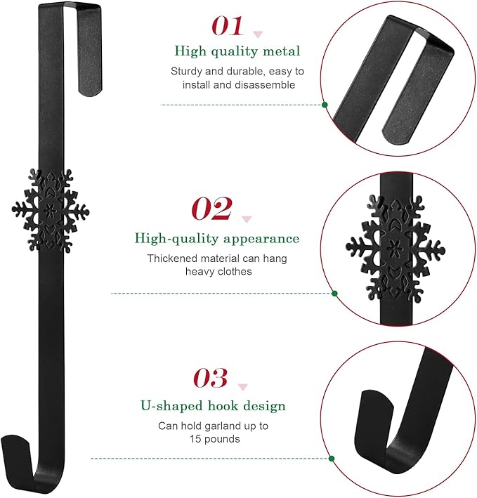 Wreath Hangers for Front Door,15" Sturdy Metal Wreath Doors Hangers,Over The Door Hooks for Front Porch Decor,Garland Hooks Holders for Halloween Christmas Decorations (Black Snowflakes, 4 Pack)